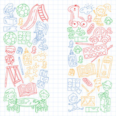 Fototapeta premium Children play with toys in the kindergarten. Kids playground. Education, creativity, imagination.