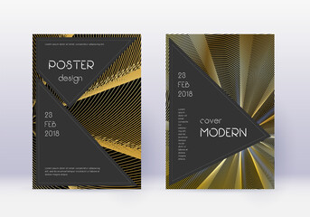 Black cover design template set. Gold abstract lin