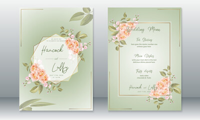  Luxury wedding invitation card with golden frame and rose bouquet