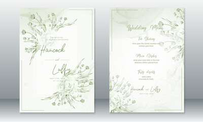  wedding invitation card template with rose bouquet and green background