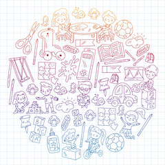 Children play with toys in the kindergarten. Kids playground. Education, creativity, imagination.