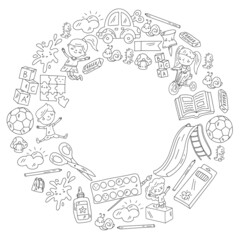 Fototapeta premium Children play with toys in the kindergarten. Kids playground. Education, creativity, imagination.