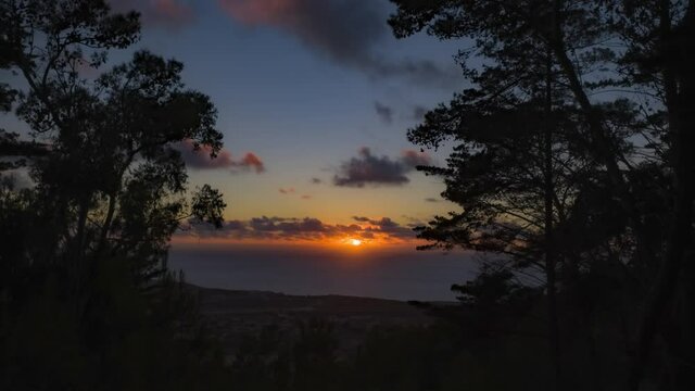 Time-lapse of sunset over sea seen from Pico Castelo on Porto Santo island. Portugal