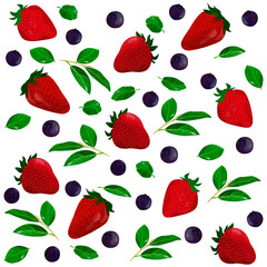 Juicy berries pattern of strawberries and blueberries. Vector illustration
