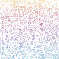 Children play with toys in the kindergarten. Kids playground. Education, creativity, imagination.