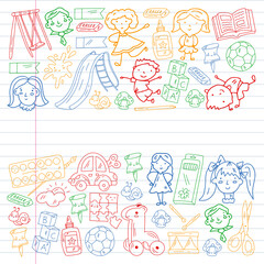 Children play with toys in the kindergarten. Kids playground. Education, creativity, imagination.