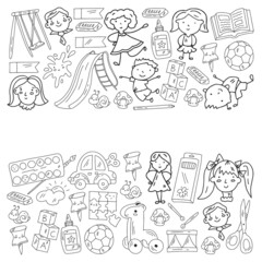 Children play with toys in the kindergarten. Kids playground. Education, creativity, imagination.