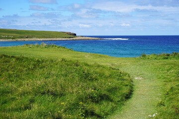 Idyllic natural coastal scenery with green meadow, cloudy blue sky and brilliant turquoise sea on the horizon