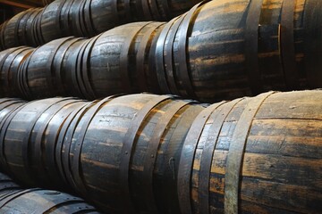 Rows of vintage wooden barrels stacked in a dimly lit warehouse