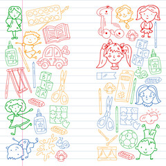 Children play with toys in the kindergarten. Kids playground. Education, creativity, imagination.