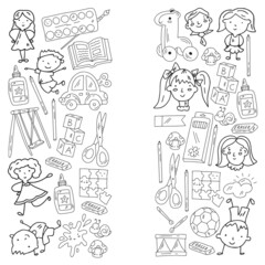 Children play with toys in the kindergarten. Kids playground. Education, creativity, imagination.