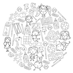 Fototapeta premium Children play with toys in the kindergarten. Kids playground. Education, creativity, imagination.