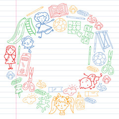 Children play with toys in the kindergarten. Kids playground. Education, creativity, imagination.