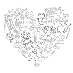 Children play with toys in the kindergarten. Kids playground. Education, creativity, imagination.