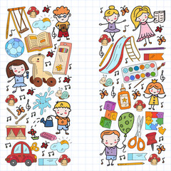 Children play with toys in the kindergarten. Kids playground. Education, creativity, imagination.