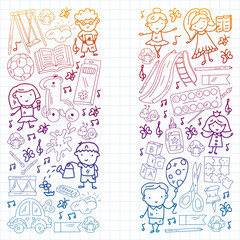 Children play with toys in the kindergarten. Kids playground. Education, creativity, imagination.