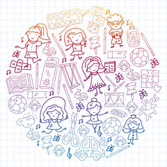 Fototapeta premium Children play with toys in the kindergarten. Kids playground. Education, creativity, imagination.