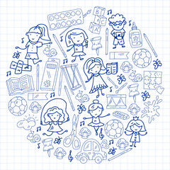 Children play with toys in the kindergarten. Kids playground. Education, creativity, imagination.