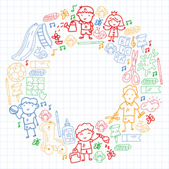 Children play with toys in the kindergarten. Kids playground. Education, creativity, imagination.