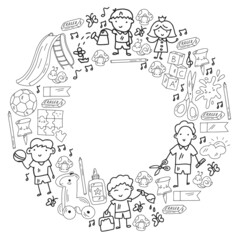 Children play with toys in the kindergarten. Kids playground. Education, creativity, imagination.