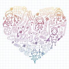 Children play with toys in the kindergarten. Kids playground. Education, creativity, imagination.