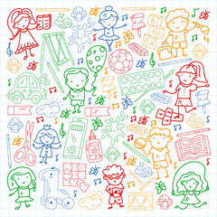 Children play with toys in the kindergarten. Kids playground. Education, creativity, imagination.