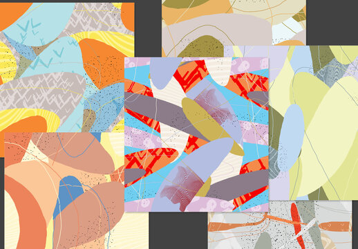 Seamless Pattern Set with Organic Grunge Textured Overlapping Oval Wavy Shapes and Lines