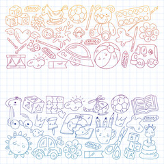 Children play with toys in the kindergarten. Kids playground. Education, creativity, imagination.