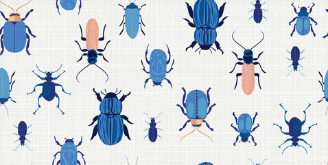 A fun and unique seamless vector pattern featuring illustrations of blue beetles and bugs. Additional fractal pattern included to compliment designs.