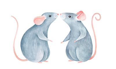 Two little grey mice standing facing each other. Cute family in love. Hand painted watercolour graphic drawing on white background, isolated clip art elements for design, invitation, card, template.