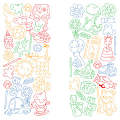 Children play with toys in the kindergarten. Kids playground. Education, creativity, imagination.