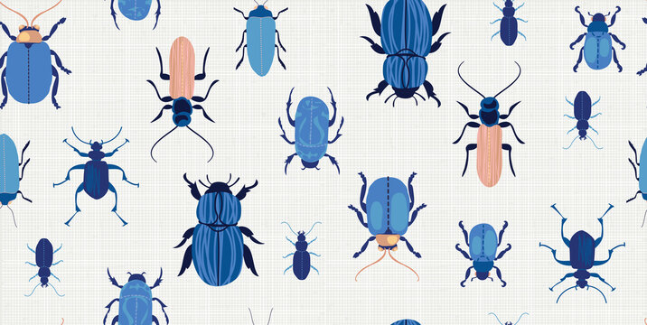 A fun and unique seamless vector pattern featuring illustrations of blue beetles and bugs. Additional fractal pattern included to compliment designs.