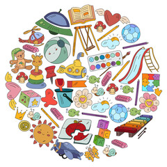 Children play with toys in the kindergarten. Kids playground. Education, creativity, imagination.