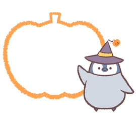 ペンギンヒナとハロウィンのカボチャの線画フレーム