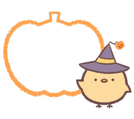 ヒヨコとハロウィンのカボチャの線画フレーム © kino
