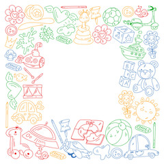 Children play with toys in the kindergarten. Kids playground. Education, creativity, imagination.