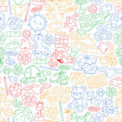 Children play with toys in the kindergarten. Kids playground. Education, creativity, imagination.