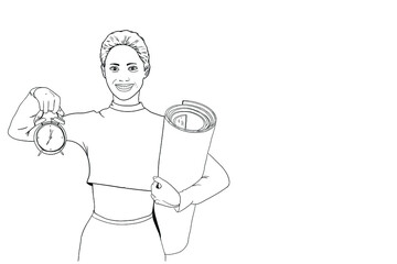 Attractive cheerful girl holding yoga mat clock crossfit weightloss time