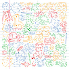 Children play with toys in the kindergarten. Kids playground. Education, creativity, imagination.