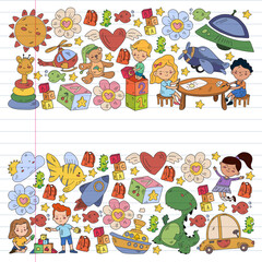 Children play with toys in the kindergarten. Kids playground. Education, creativity, imagination.