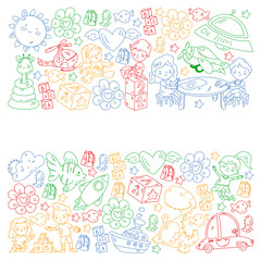 Children play with toys in the kindergarten. Kids playground. Education, creativity, imagination.