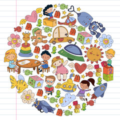 Children play with toys in the kindergarten. Kids playground. Education, creativity, imagination.