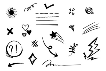 Doodle vector set illustration with hand draw line art style vector. Crown, king, sun, arrow, heart, love, star, swirl, swoops, emphasis, for concept design