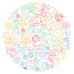 Children play with toys in the kindergarten. Kids playground. Education, creativity, imagination.