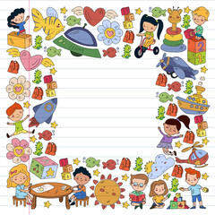 Fototapeta premium Children play with toys in the kindergarten. Kids playground. Education, creativity, imagination.