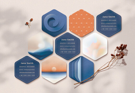 Editable Hexagonal Card Layout with Sunset Illustrations