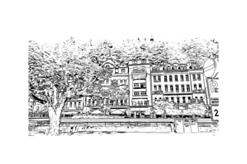 Fototapeta premium Building view with landmark of Karlovy Vary is the city in the Czech Republic. Hand drawn sketch illustration in vector.