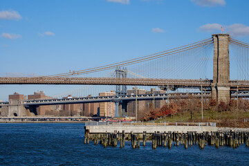 The Brooklyn Bridge and the Manhattan bridge spanning the East River from Brooklyn into Lower Manhattan and the financial district of New York City