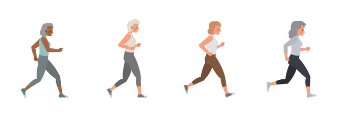 Set of old woman running character vector design. Group of people jogging exercising together.