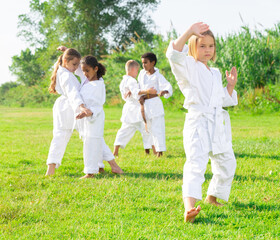 Naklejka na ściany i meble Confident preteen girl practicing karate movements with hands during group class in summer park on sunny day..